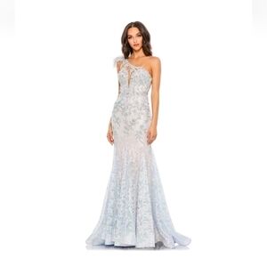 Mac Duggal Crystal Blue Embroidered Appliqué Feathered One Shoulder Gown 12